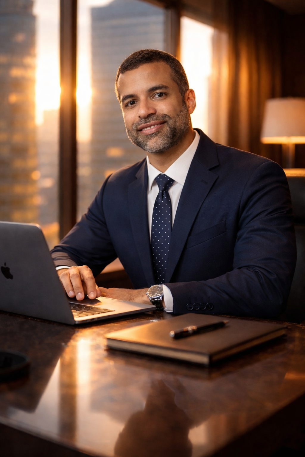 Advogado tributarista em escritório profissional com vista para a cidade